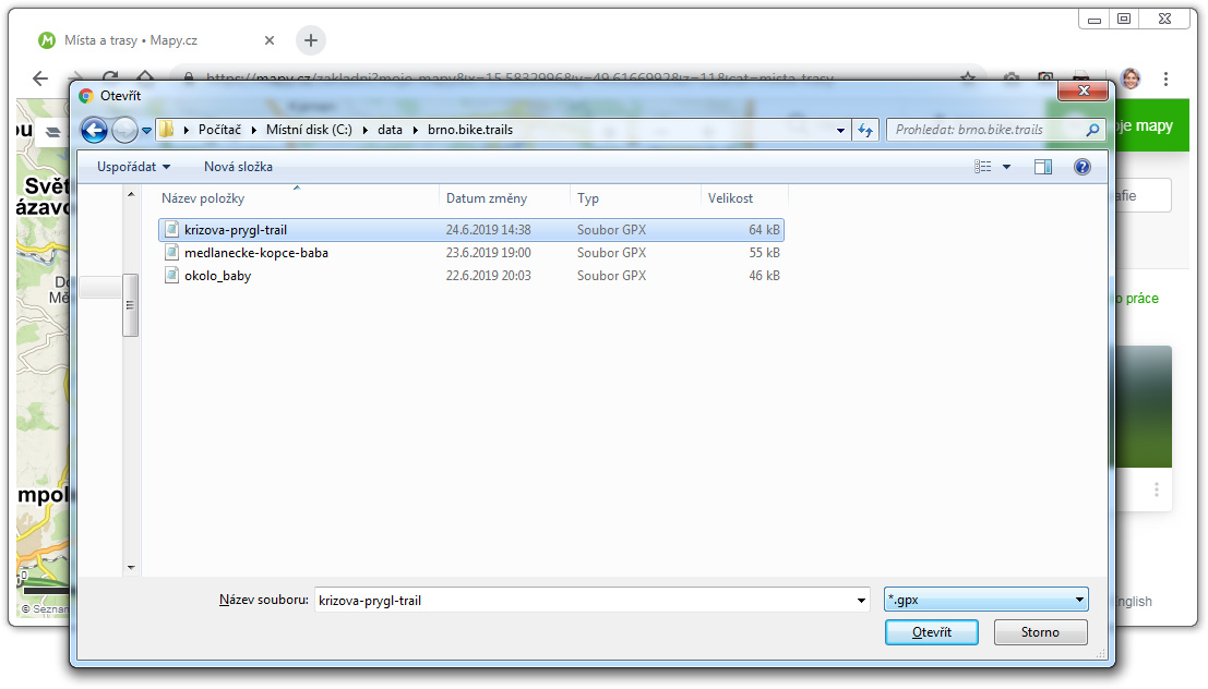 Výběr trasy k importu v Moje Mapy na Mapy.cz